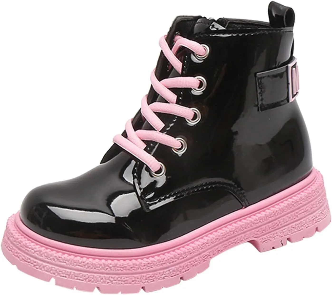 Fashion Winter Girls Boys Ankle Boots Thick Sole Non Slip Round Toe Shoes Lace Up Solid Comfortable Leather Booties (Pink, 8-9 Years Little Child)
