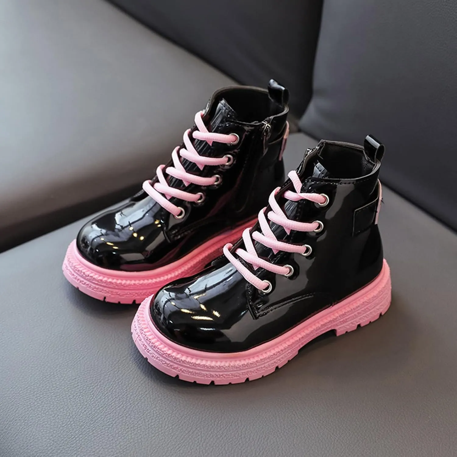 Fashion Winter Girls Boys Ankle Boots Thick Sole Non Slip Round Toe Shoes Lace Up Solid Comfortable Leather Booties (Pink, 8-9 Years Little Child)