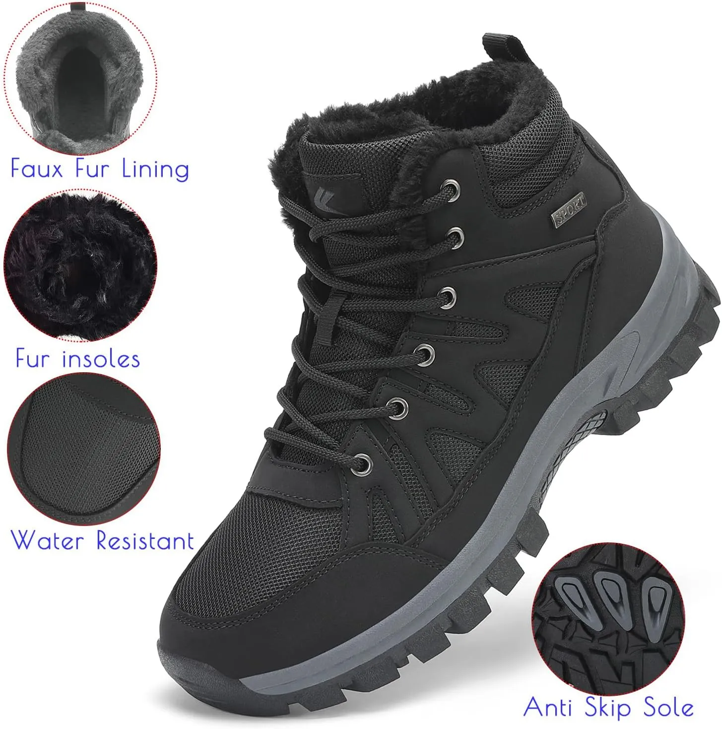 FLARUT Mens Snow Boots Insulated Fur Liner Winter Warm Hiking Shoes Walking Sneaker