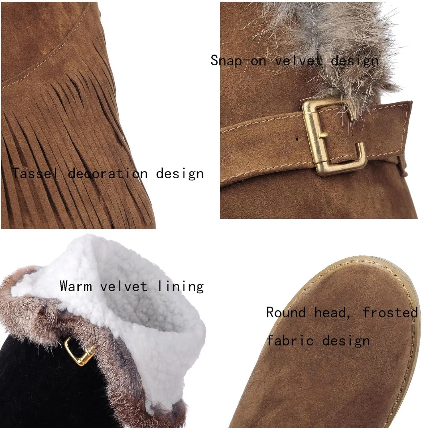 Flat Heel Plush Over The Knee Boots, Round Toe Slip On Raw Edge Straight Boots Short Plush Lining Long Boots Women's Boots with Belt Buckle and Tassel Decoration