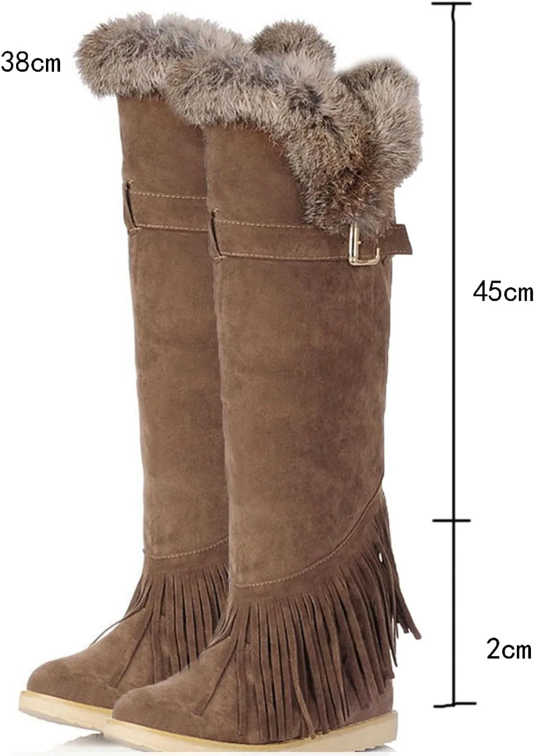 Flat Heel Plush Over The Knee Boots, Round Toe Slip On Raw Edge Straight Boots Short Plush Lining Long Boots Women's Boots with Belt Buckle and Tassel Decoration