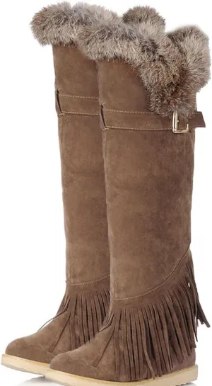 Flat Heel Plush Over The Knee Boots, Round Toe Slip On Raw Edge Straight Boots Short Plush Lining Long Boots Women's Boots with Belt Buckle and Tassel Decoration