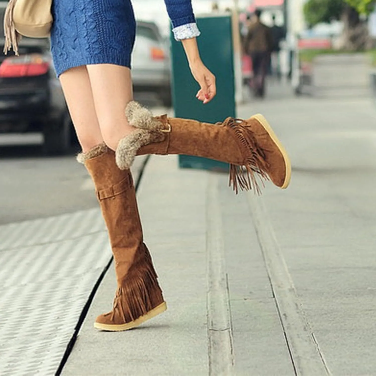Flat Heel Plush Over The Knee Boots, Round Toe Slip On Raw Edge Straight Boots Short Plush Lining Long Boots Women's Boots with Belt Buckle and Tassel Decoration