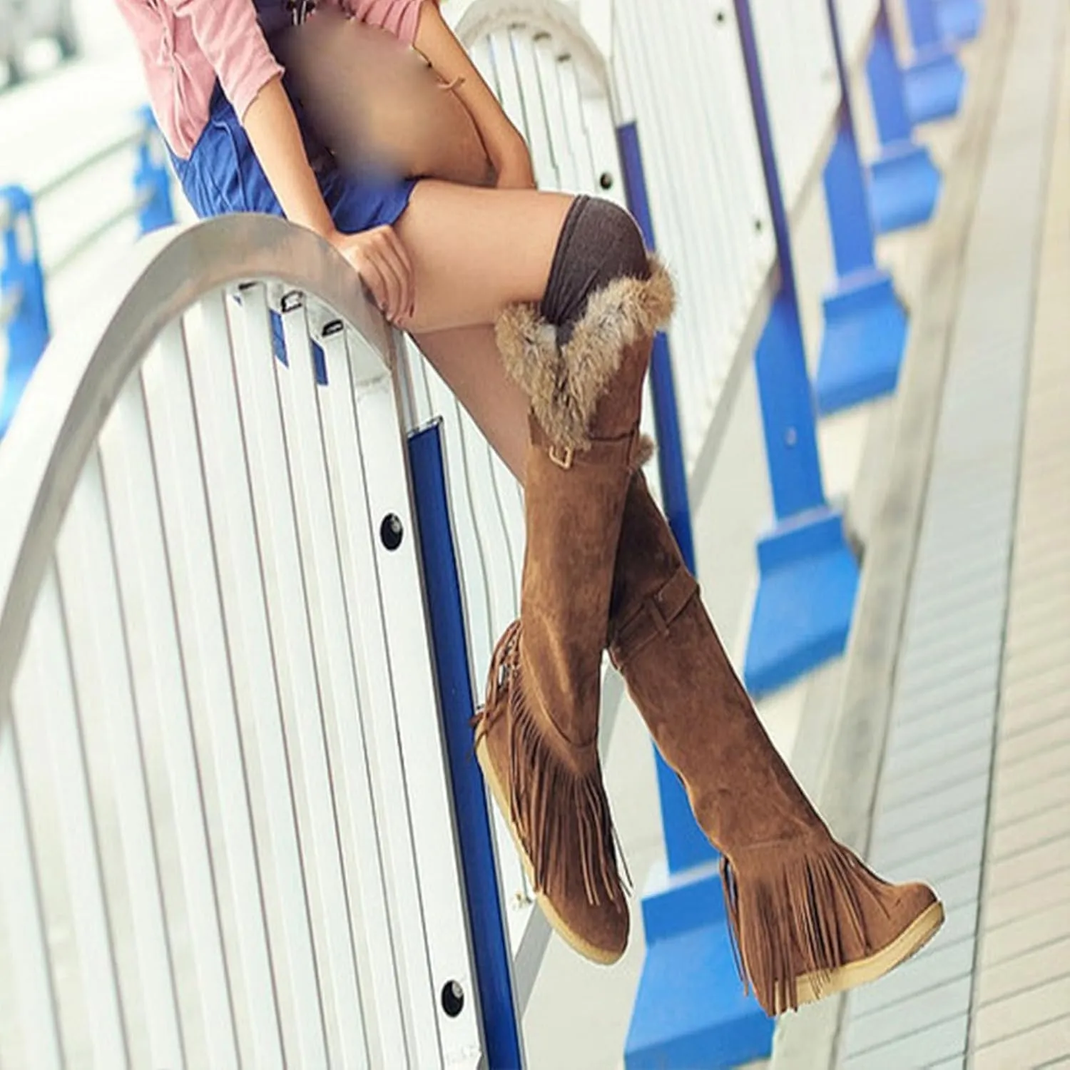 Flat Heel Plush Over The Knee Boots, Round Toe Slip On Raw Edge Straight Boots Short Plush Lining Long Boots Women's Boots with Belt Buckle and Tassel Decoration