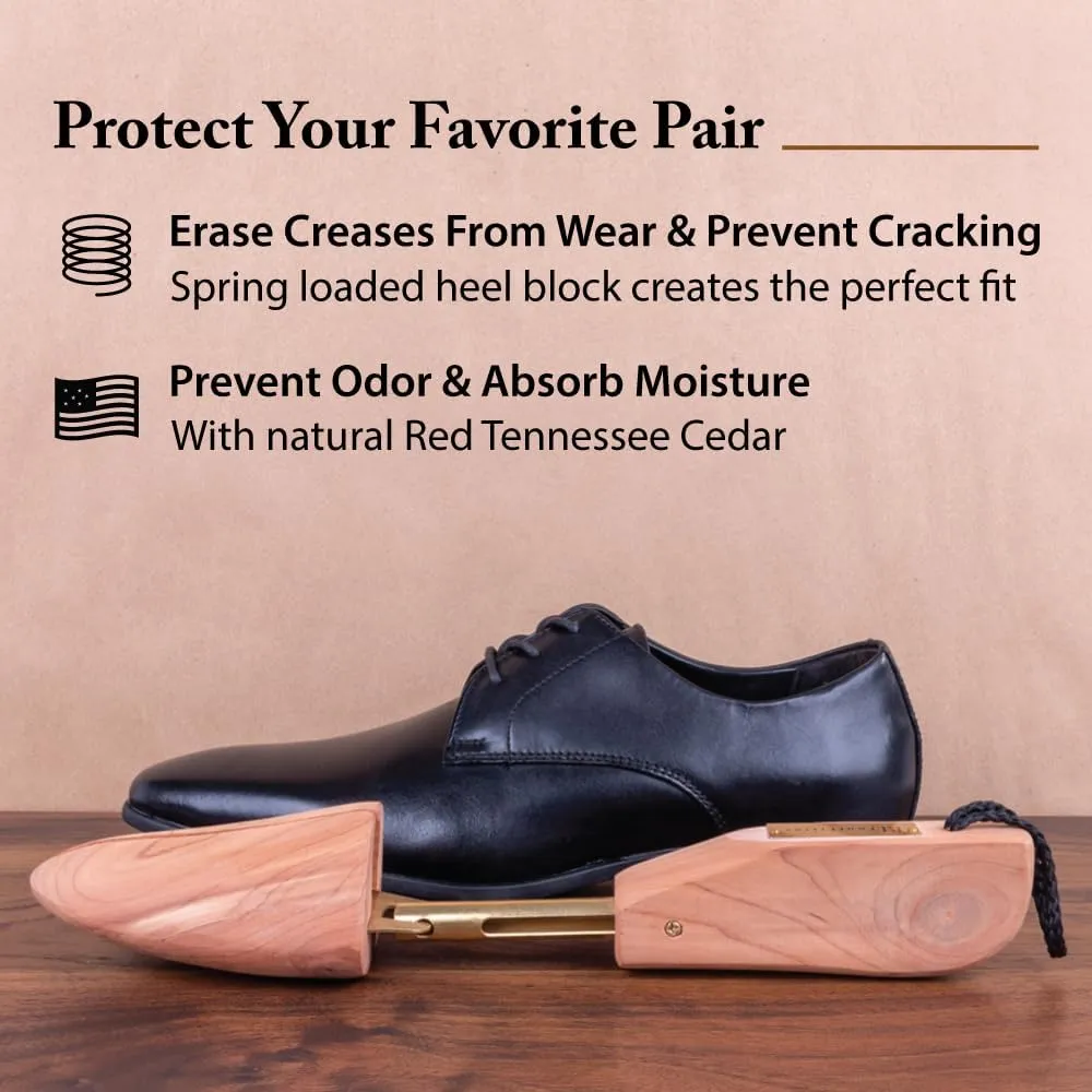 FootFitter Shoe Trees for Men, Best Adjustable Split Toe Aromatic Cedar Boot Tree, USA Grown Wood