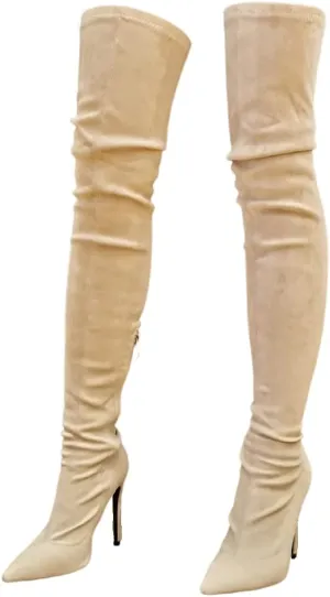 Frankie Hsu Sexy Beige Faux Suede Stiletto Over The Knee Boots, Fashion New Thin High Heel Above Style, Large Big Size Classic Designer Thigh Long Shoes For Women
