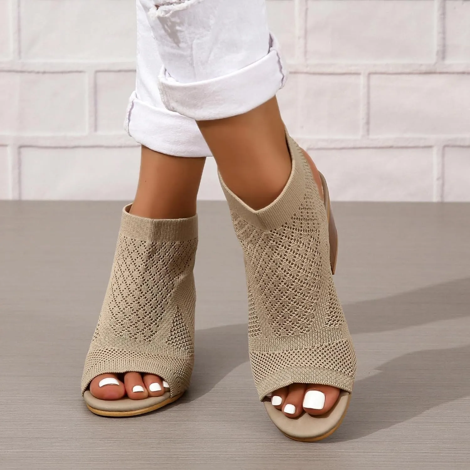 Generic Women's Knit Chunky Block High Heels Sandals Slingback Cut Out Peep Toe Chunky Stacked Heel Ankle Booties