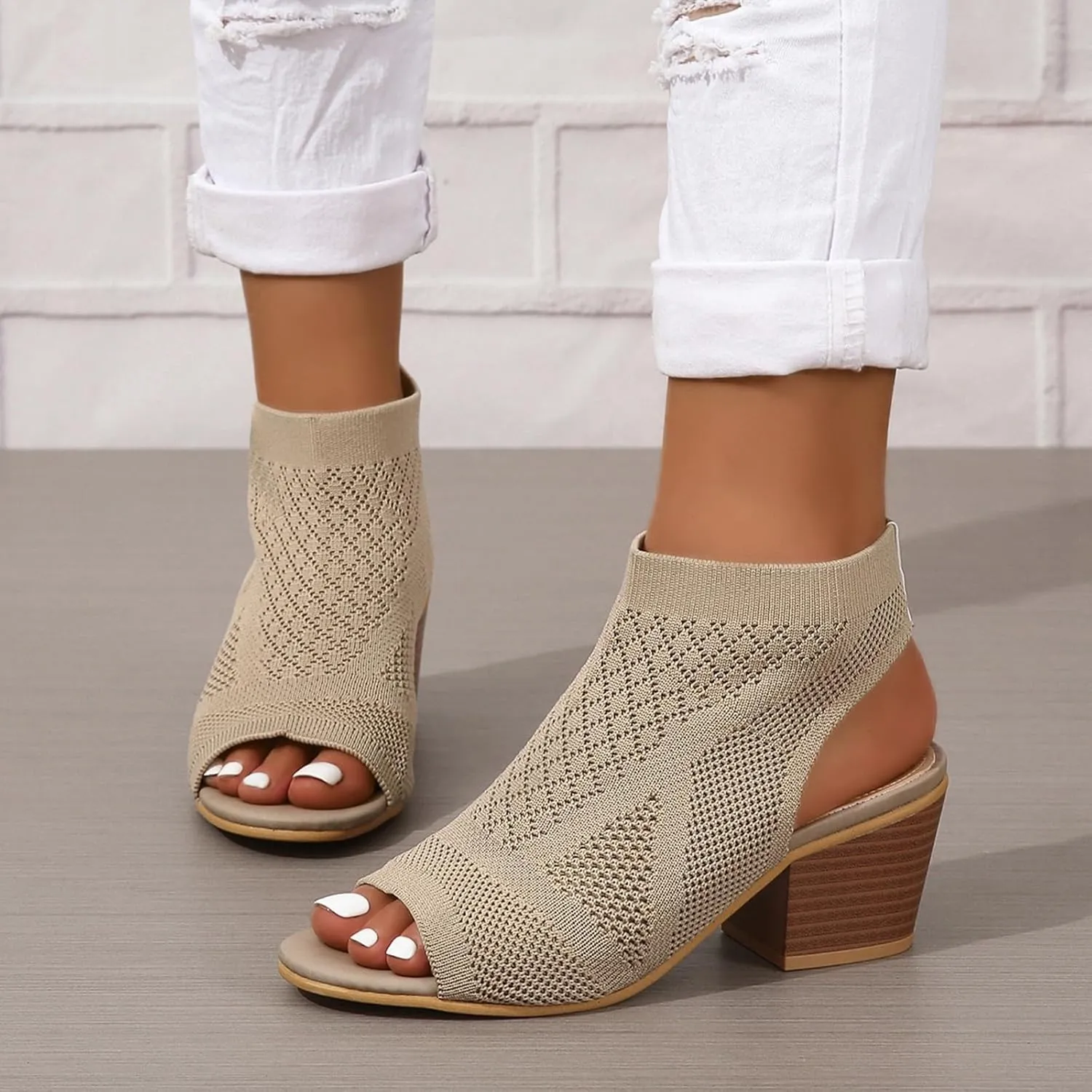 Generic Women's Knit Chunky Block High Heels Sandals Slingback Cut Out Peep Toe Chunky Stacked Heel Ankle Booties