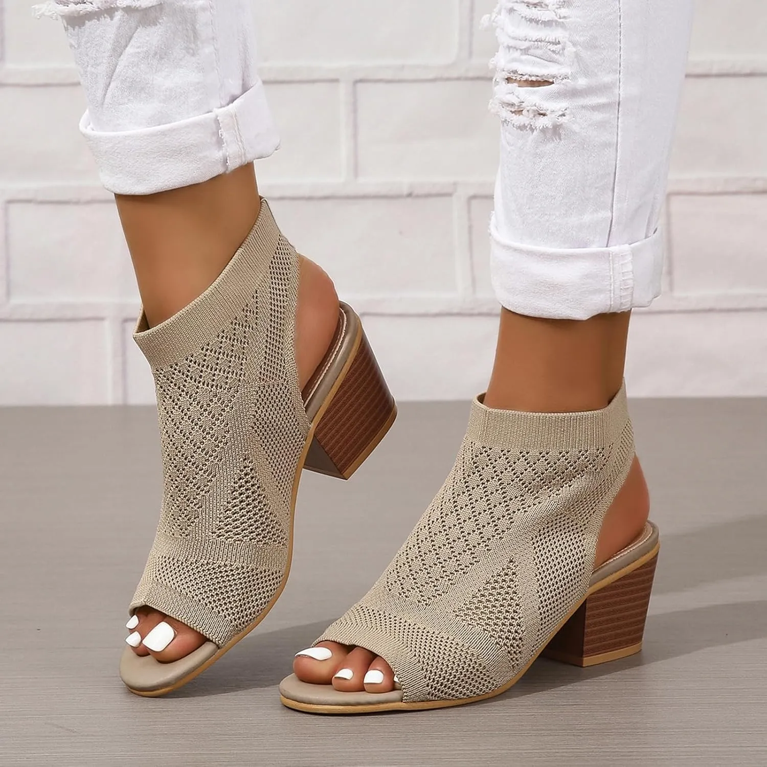 Generic Women's Knit Chunky Block High Heels Sandals Slingback Cut Out Peep Toe Chunky Stacked Heel Ankle Booties