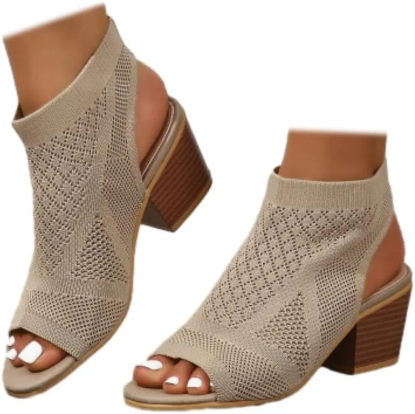 Generic Women's Knit Chunky Block High Heels Sandals Slingback Cut Out Peep Toe Chunky Stacked Heel Ankle Booties