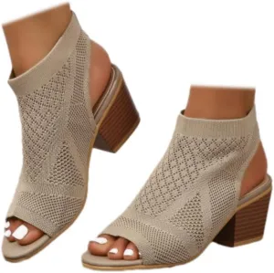 Generic Women's Knit Chunky Block High Heels Sandals Slingback Cut Out Peep Toe Chunky Stacked Heel Ankle Booties