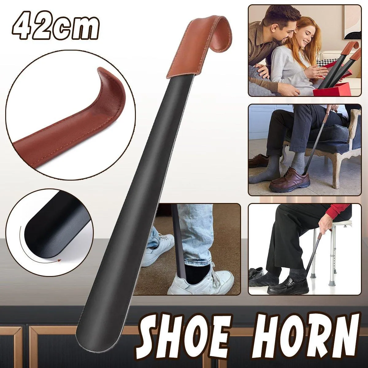 Genuine Leather Shoe Horn Black Metal Shoe Lifter Gift Shoe Horn Durable Tool