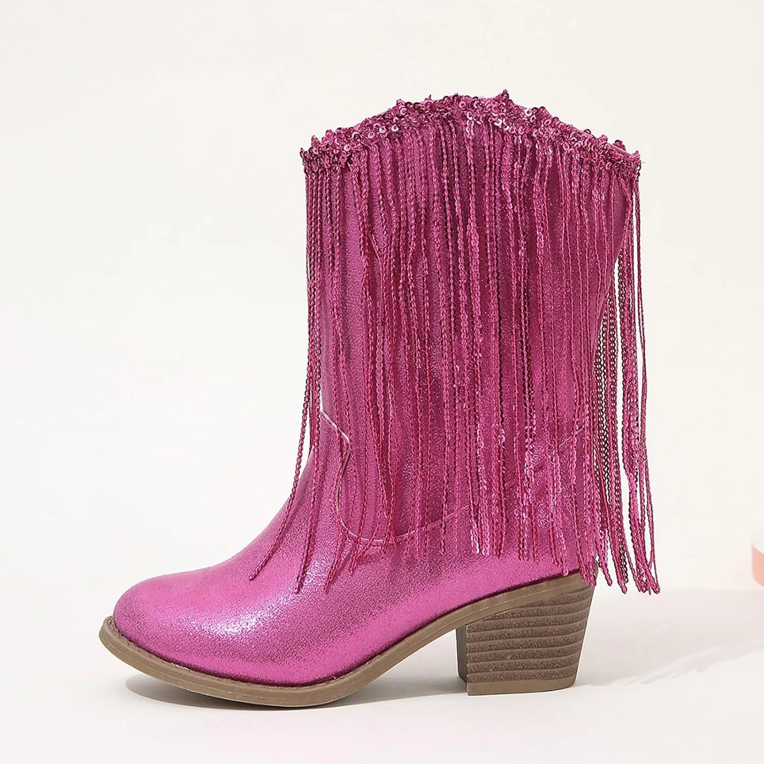 Girl's Cowgirl Boots Cowboy Fringe Western Boots Chunky Heel Tassel Mid Calf Boots Kids Pointed Toe Riding Boots