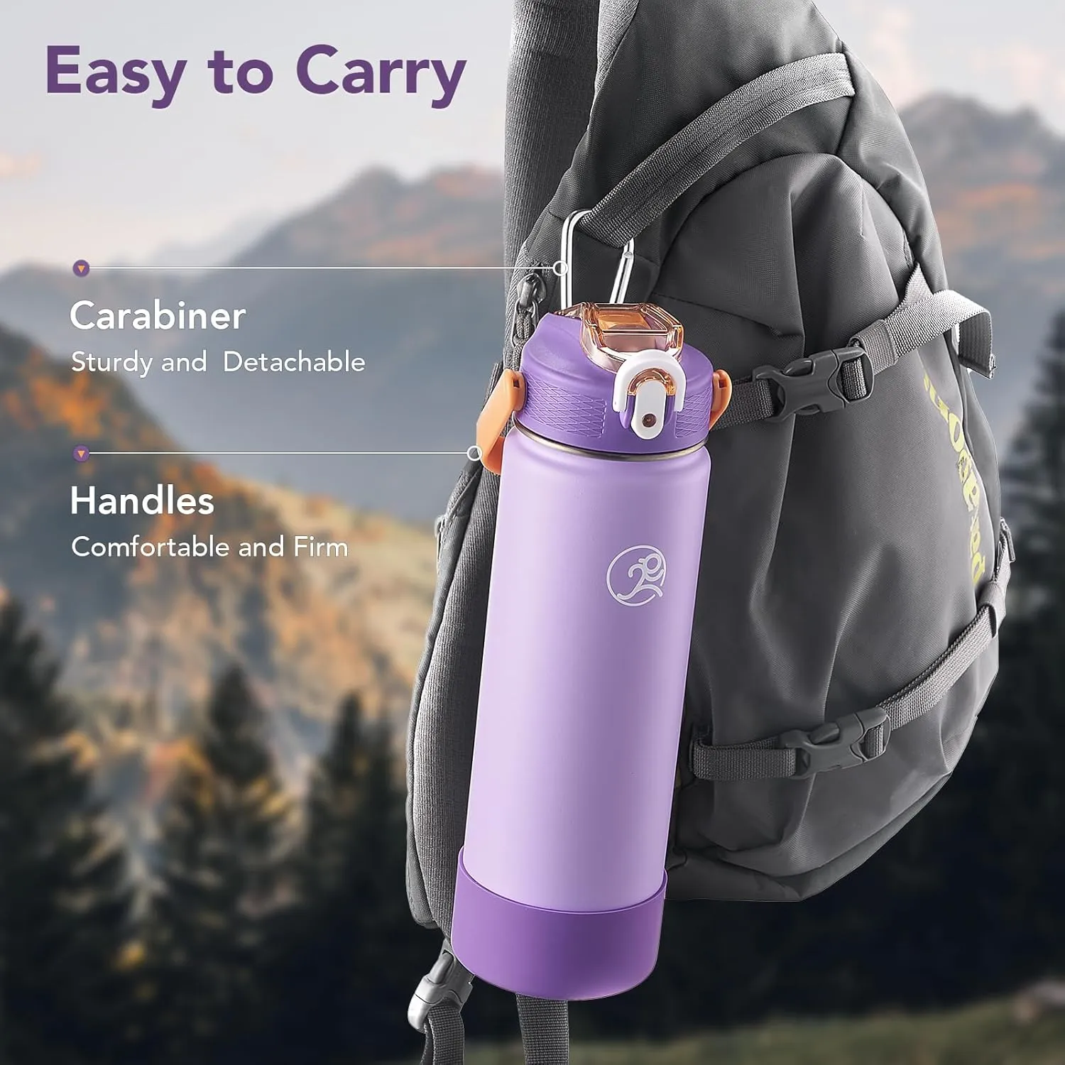 GOSWAG 24 oz Insulated Stainless Steel Water Bottle, Sports Water Bottle with Straw/No Straw Options, 2 Lids, Handle, Silicone Boot for School and Travel, Thermos with Double-Wall Vacuum Insulation