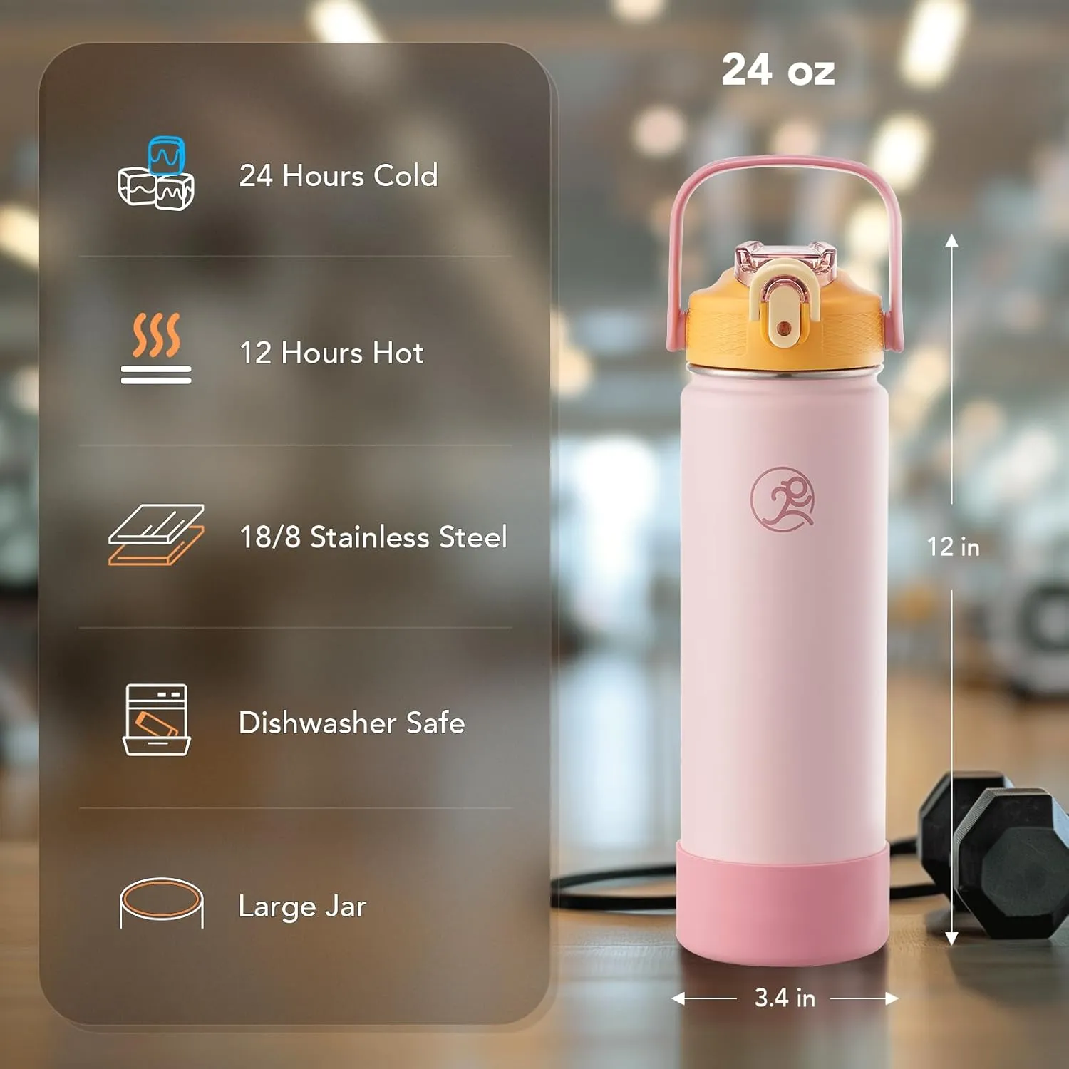 GOSWAG 24 oz Insulated Stainless Steel Water Bottle, Sports Water Bottle with Straw/No Straw Options, 2 Lids, Handle, Silicone Boot for School and Travel, Thermos with Double-Wall Vacuum Insulation