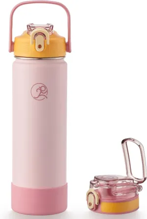 GOSWAG 24 oz Insulated Stainless Steel Water Bottle, Sports Water Bottle with Straw/No Straw Options, 2 Lids, Handle, Silicone Boot for School and Travel, Thermos with Double-Wall Vacuum Insulation