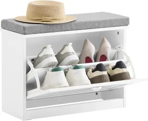 Haotian Small Shoe Storage Bench with Cushion, White Narrow Shoe Rack for Entryway, Small Shoe Cabinet with 2 Tiers Flip-Drawer, FSR195-K-W