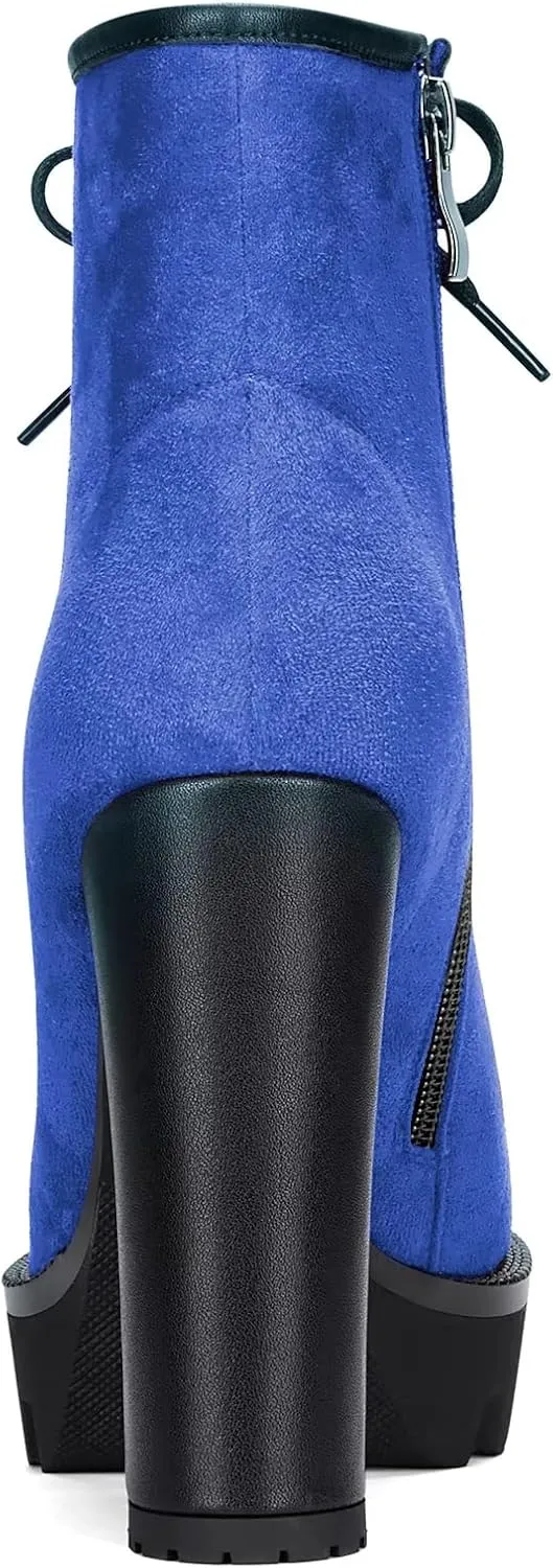 HDEUOLM Women High Chunky Block Platform Heel Round Toe Lace-up Zipper Ankle Boots Short Bootie Shoes