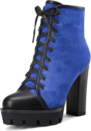 HDEUOLM Women High Chunky Block Platform Heel Round Toe Lace-up Zipper Ankle Boots Short Bootie Shoes