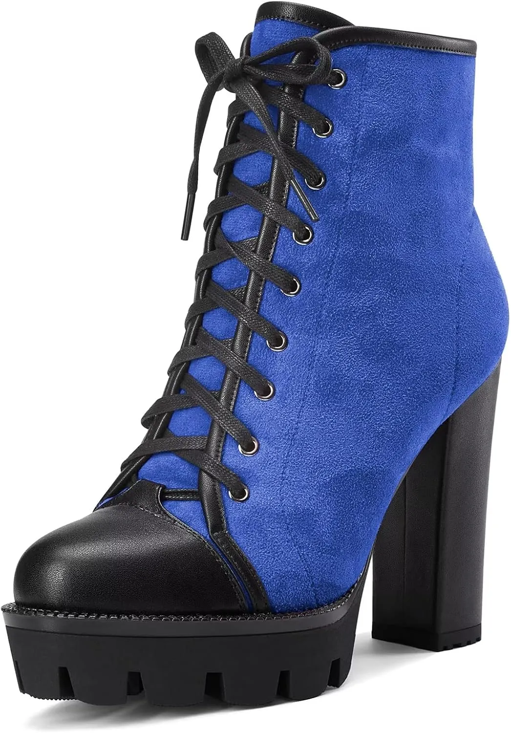 HDEUOLM Women High Chunky Block Platform Heel Round Toe Lace-up Zipper Ankle Boots Short Bootie Shoes