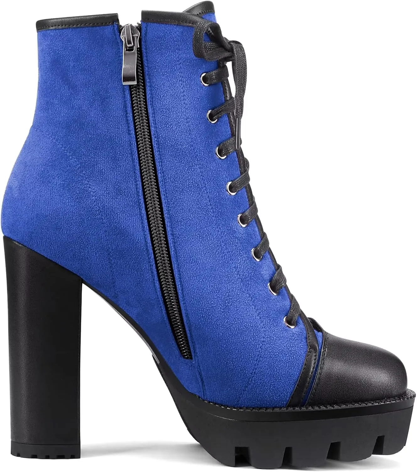 HDEUOLM Women High Chunky Block Platform Heel Round Toe Lace-up Zipper Ankle Boots Short Bootie Shoes