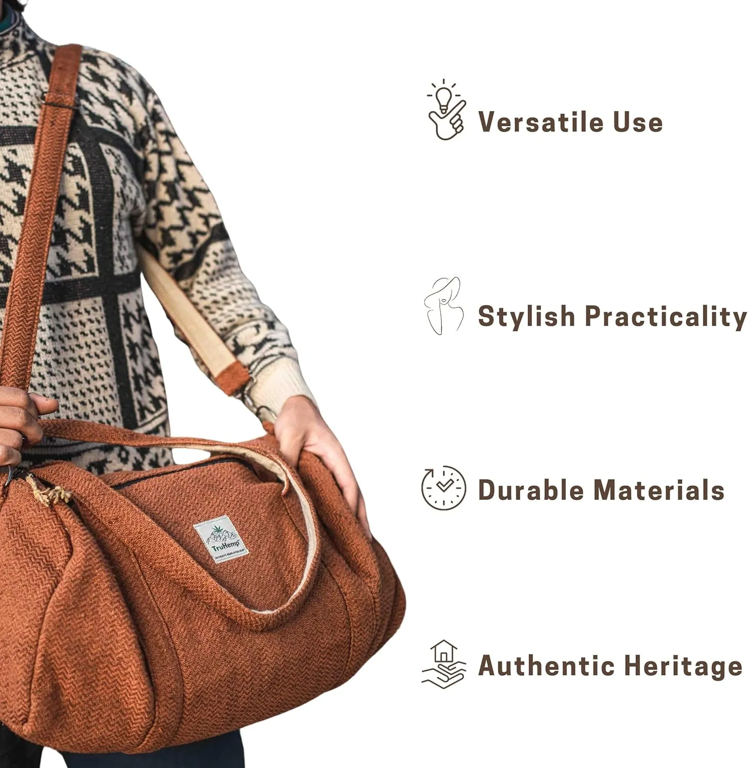 Hemp Duffle Bag with Shoe Pocket, Brown – Durable Travel Duffle, Spacious Gym Bag, Stylish Carry-All with YKK Zipper, Comfortable Shoulder Strap