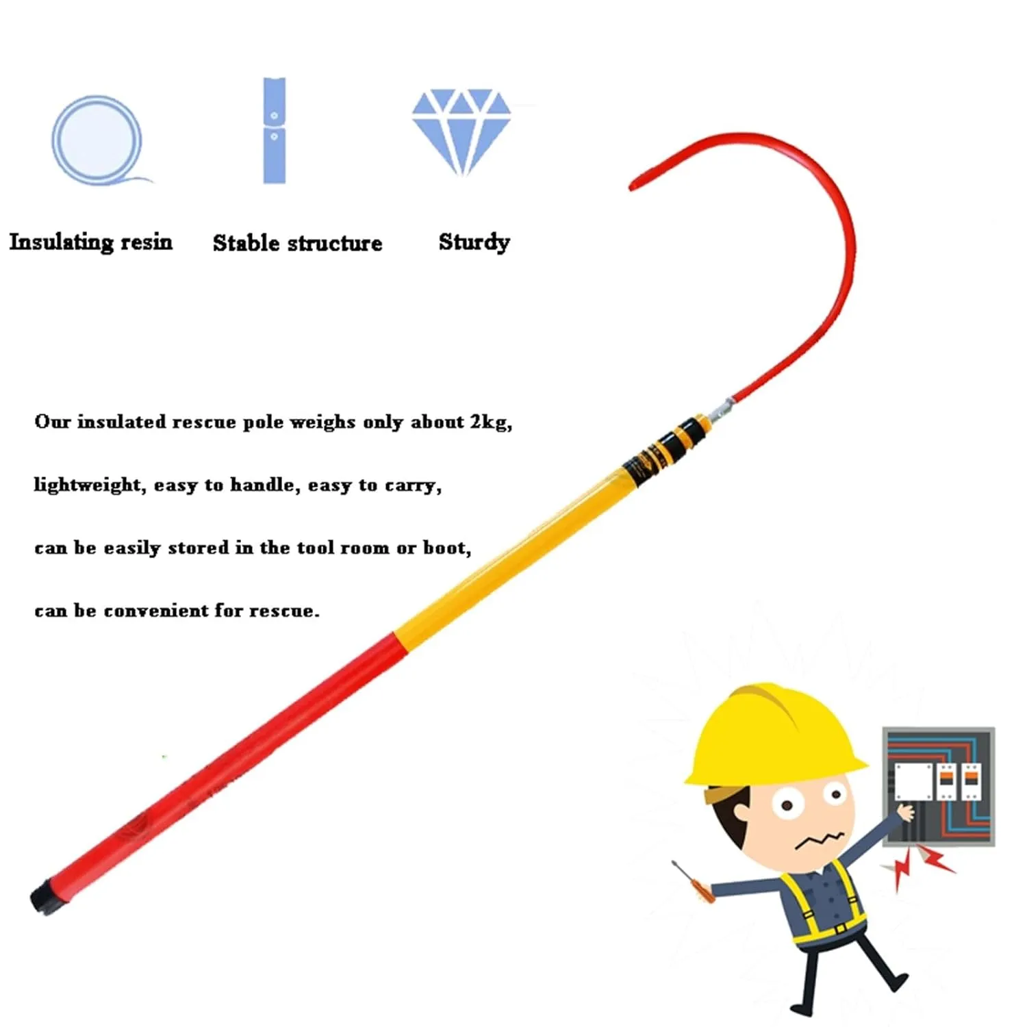 High Voltage Life Hook with 6.5/9.38ft Rescue Pole, Heavy Duty Emergency Electrocution Lifesaving Hooks 10-35kv, Strong Load-Bearing Capacity,Electrical Safety Emergency Life-Saving Tools(2m/6.5ft -