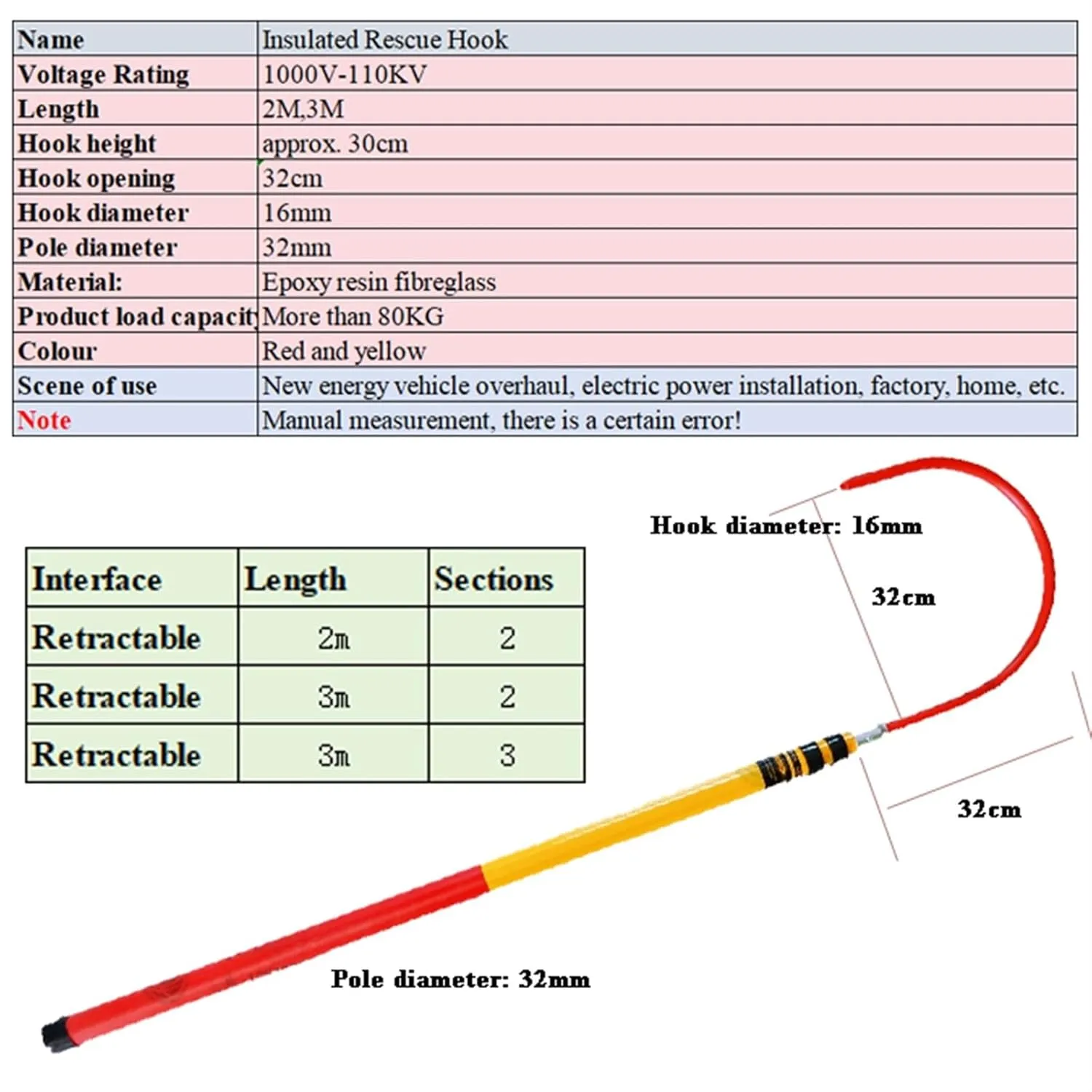 High Voltage Life Hook with 6.5/9.38ft Rescue Pole, Heavy Duty Emergency Electrocution Lifesaving Hooks 10-35kv, Strong Load-Bearing Capacity,Electrical Safety Emergency Life-Saving Tools(2m/6.5ft -