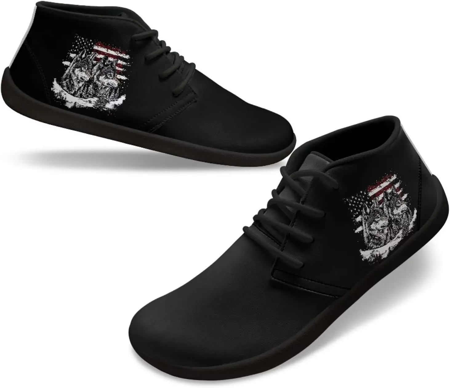 Howilath Wolf Print Barefoot Shoes Men Leather Low Zero Drop Sneaker Casual Running Cross Training Shoe