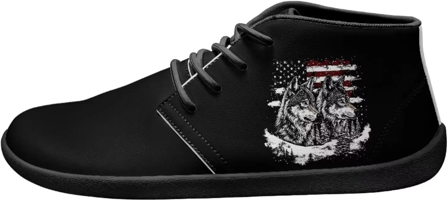 Howilath Wolf Print Barefoot Shoes Men Leather Low Zero Drop Sneaker Casual Running Cross Training Shoe