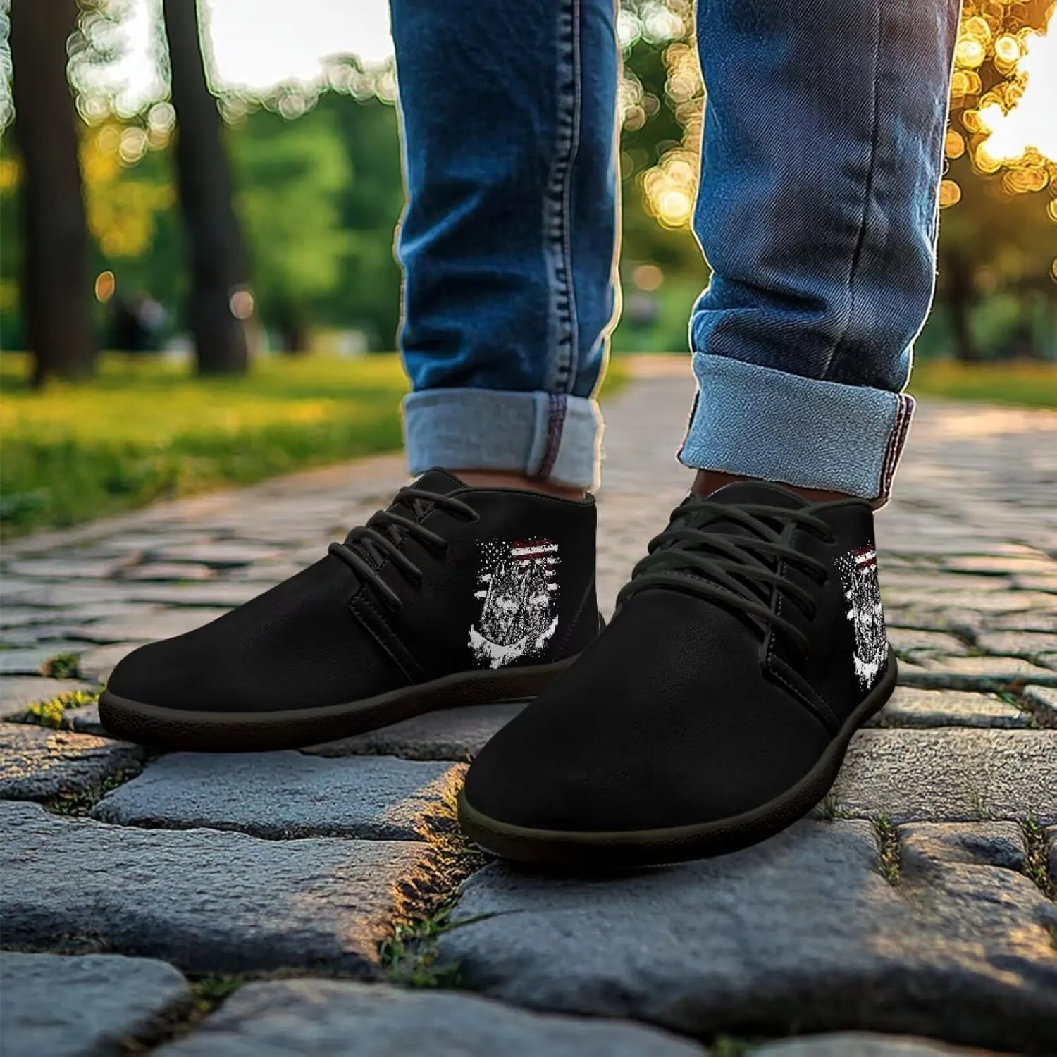 Howilath Wolf Print Barefoot Shoes Men Leather Low Zero Drop Sneaker Casual Running Cross Training Shoe