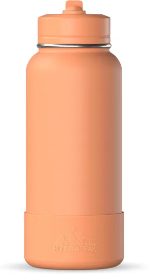 Hydrapeak 32oz Sport Insulated Water Bottle with Straw or Chug Lid, Leak & Spill Proof, Keeps Drinks Cold for 24 Hours, Hot for 12 Hours, Premium Stainless Steel Water Bottles (32oz, Apricot Crush)