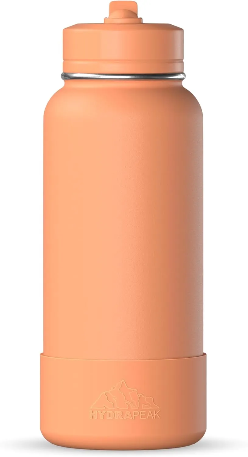 Hydrapeak 32oz Sport Insulated Water Bottle with Straw or Chug Lid, Leak & Spill Proof, Keeps Drinks Cold for 24 Hours, Hot for 12 Hours, Premium Stainless Steel Water Bottles (32oz, Apricot Crush)