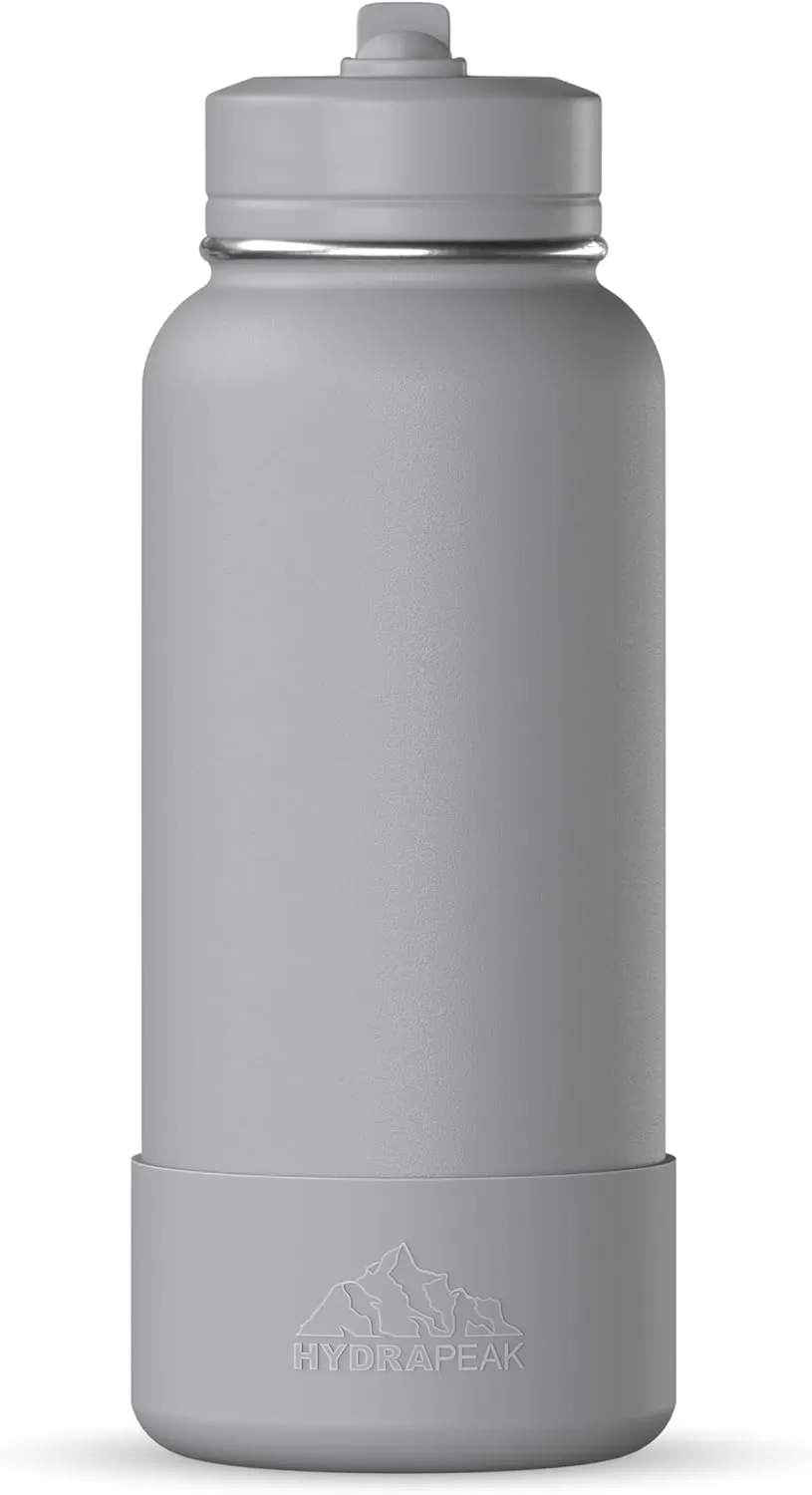 Hydrapeak 32oz Sport Insulated Water Bottle with Straw or Chug Lid, Leak & Spill Proof, Keeps Drinks Cold for 24 Hours, Hot for 12 Hours, Premium Stainless Steel Water Bottles (32oz, Grey)