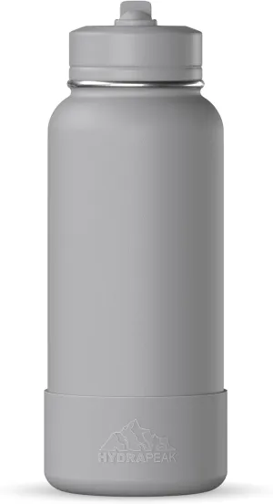 Hydrapeak 32oz Sport Insulated Water Bottle with Straw or Chug Lid, Leak & Spill Proof, Keeps Drinks Cold for 24 Hours, Hot for 12 Hours, Premium Stainless Steel Water Bottles (32oz, Grey)