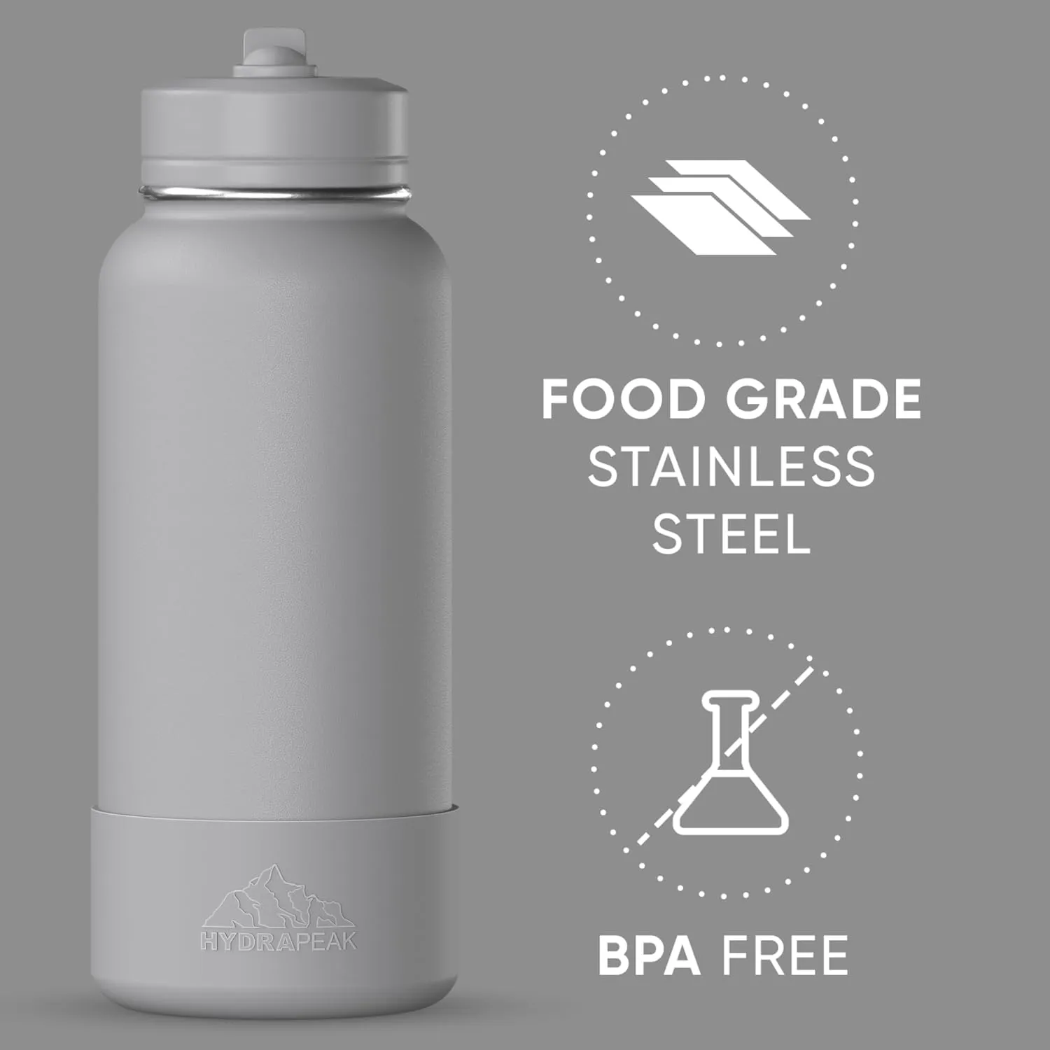 Hydrapeak 32oz Sport Insulated Water Bottle with Straw or Chug Lid, Leak & Spill Proof, Keeps Drinks Cold for 24 Hours, Hot for 12 Hours, Premium Stainless Steel Water Bottles (32oz, Grey)