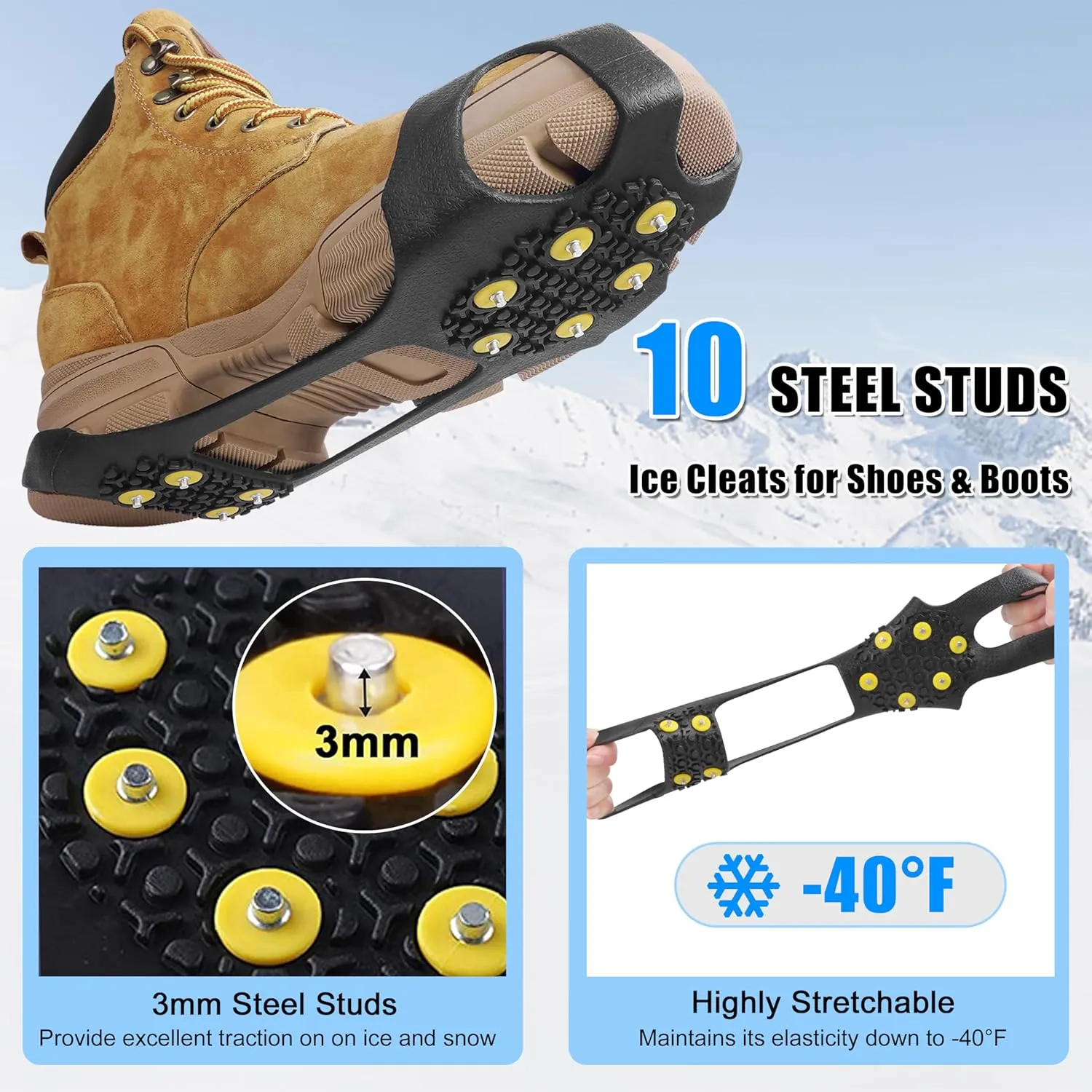 Ice Cleats Snow Traction Cleats Crampons for Shoes and Boots Anti Slip Rubber Snow Cleats Overshoe Footwear Protable Grippers for Walking on Snow and Ice Men Women Hiking Climbing Ice Fishing