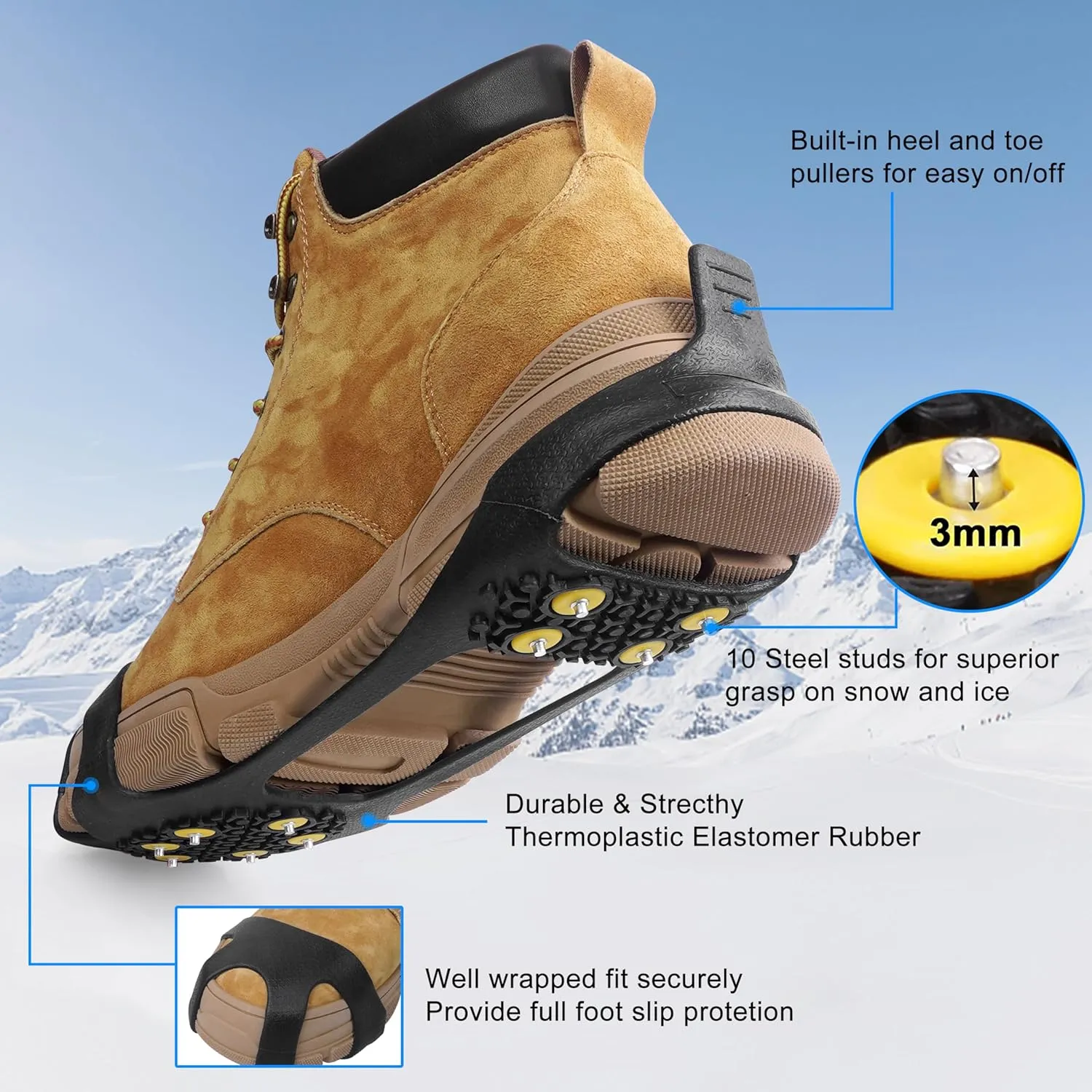 Ice Cleats Snow Traction Cleats Crampons for Shoes and Boots Anti Slip Rubber Snow Cleats Overshoe Footwear Protable Grippers for Walking on Snow and Ice Men Women Hiking Climbing Ice Fishing