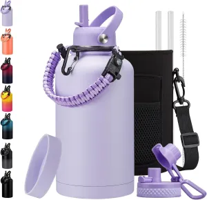 Insulated Gallon Water Bottle with Straw Auto Spout Lid Cold 48h, 64/128 oz Water Jug With Carrying Pouch, Paracord Handle & Silicone Boot