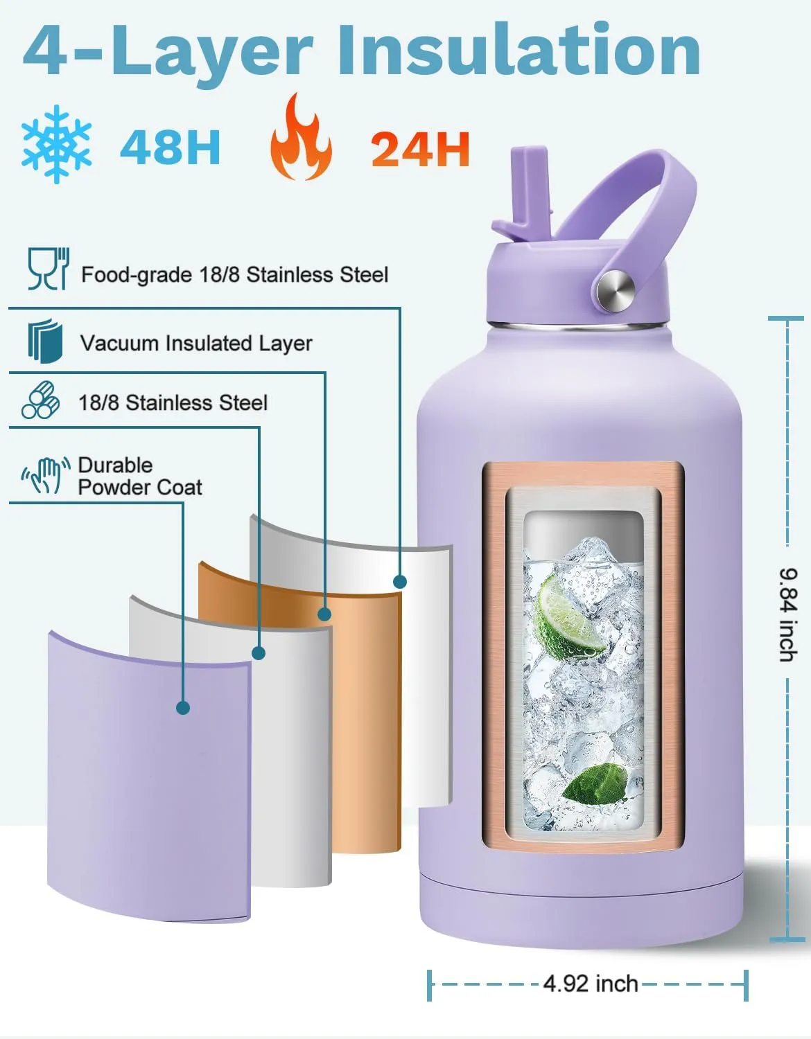 Insulated Gallon Water Bottle with Straw Auto Spout Lid Cold 48h, 64/128 oz Water Jug With Carrying Pouch, Paracord Handle & Silicone Boot
