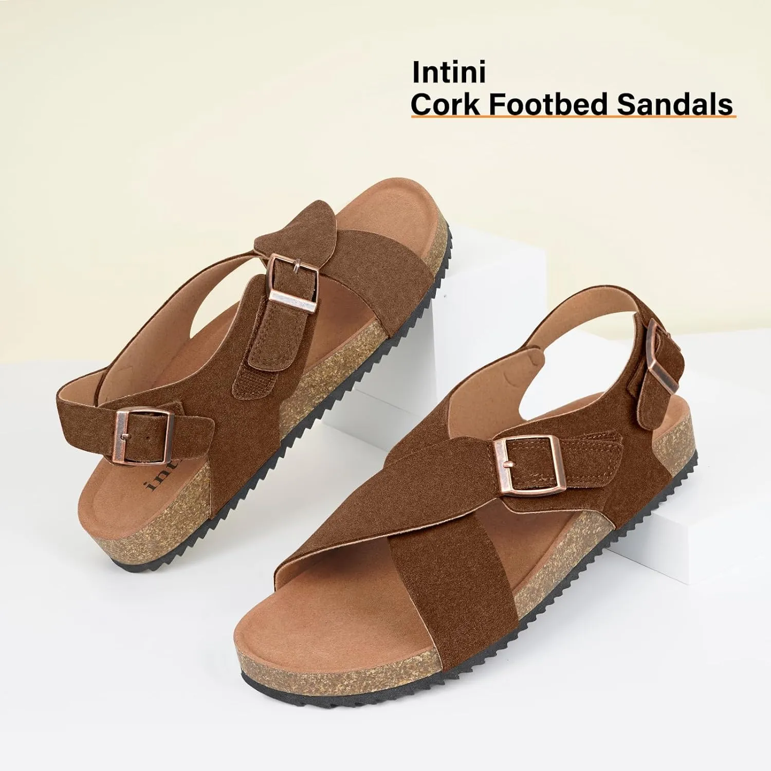 Intini Women's Cork Footbed Sandals with Arch Support Suede Leather Flat Slides Sandals Comfort Open Toe Slip On Shoes for Outdoor Summer Adjustable Buckle & Crisscross Band