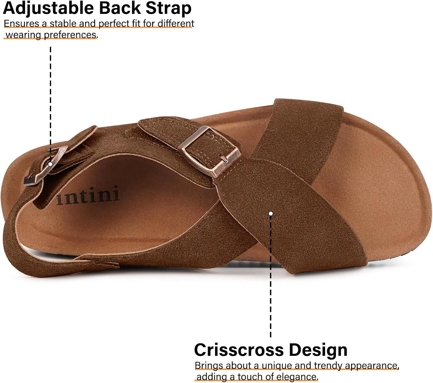 Intini Women's Cork Footbed Sandals with Arch Support Suede Leather Flat Slides Sandals Comfort Open Toe Slip On Shoes for Outdoor Summer Adjustable Buckle & Crisscross Band