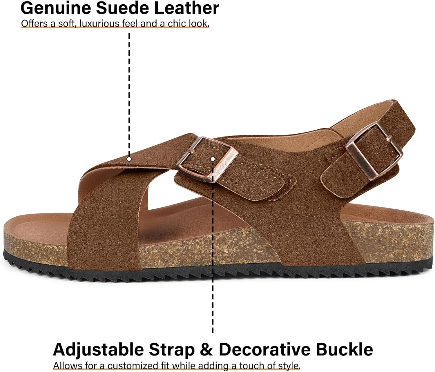 Intini Women's Cork Footbed Sandals with Arch Support Suede Leather Flat Slides Sandals Comfort Open Toe Slip On Shoes for Outdoor Summer Adjustable Buckle & Crisscross Band