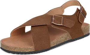 Intini Women's Cork Footbed Sandals with Arch Support Suede Leather Flat Slides Sandals Comfort Open Toe Slip On Shoes for Outdoor Summer Adjustable Buckle & Crisscross Band