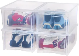 IRIS USA Stackable Shoe Storage Box with Flip Up Door and Air Vents, 4-Pack, Sturdy Shoe Scarf Toy Game Organizer Container with Ventilation Holes for Closet Under Bed Entryway Storage, Wide, Clear
