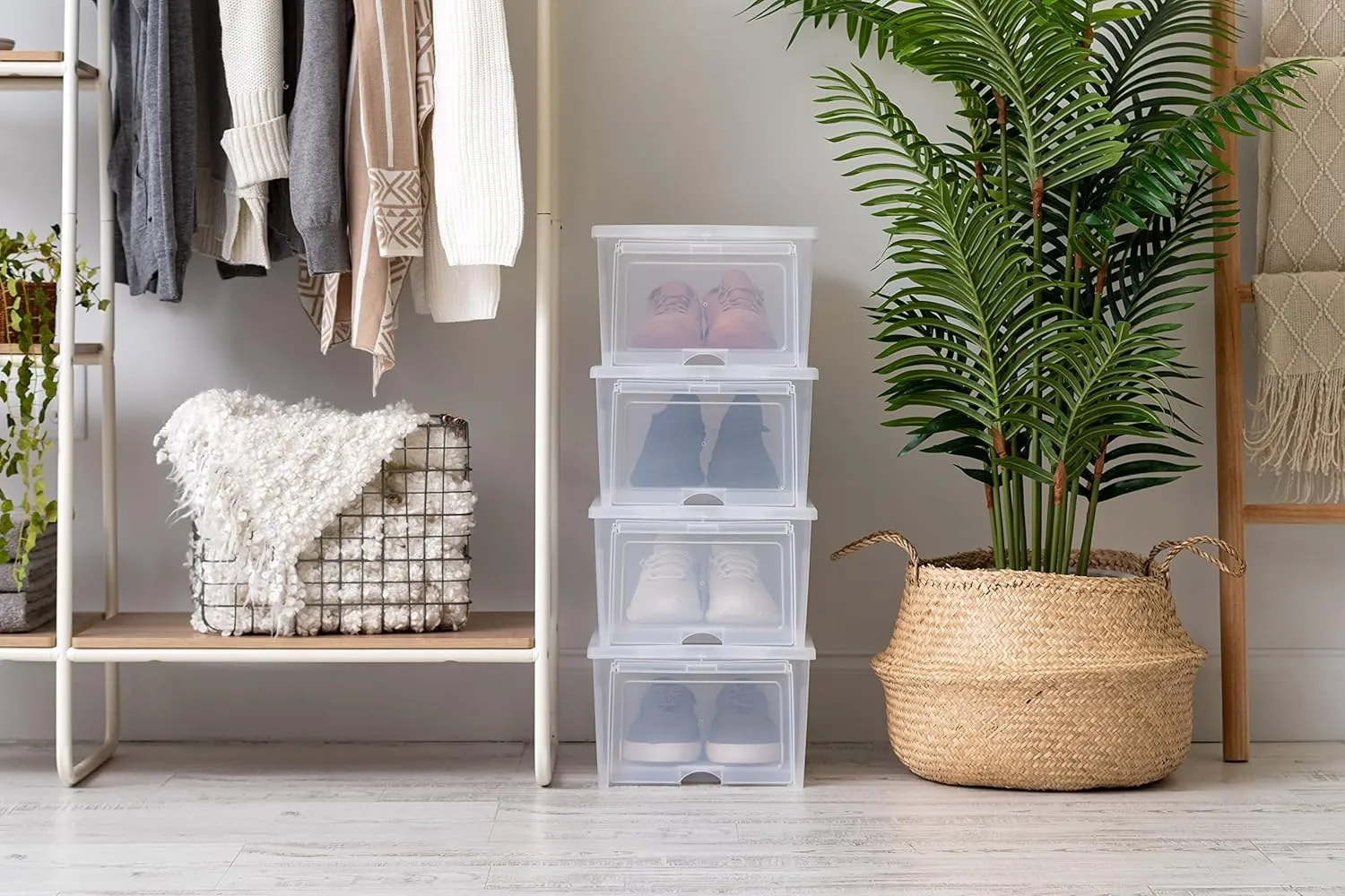 IRIS USA Stackable Shoe Storage Box with Flip Up Door and Air Vents, 4-Pack, Sturdy Shoe Scarf Toy Game Organizer Container with Ventilation Holes for Closet Under Bed Entryway Storage, Wide, Clear