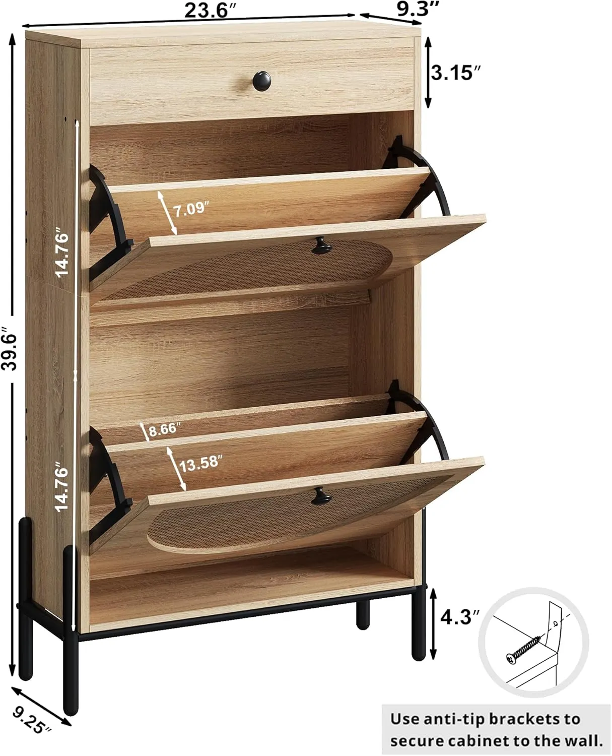 IRONCK Shoe Cabinet with 2 Flip Drawers, Shoe Storage Cabinet for Entryway, Free Standing Shoe Storage Organizer with Rattan Doors Slim Narrow Shoe Rack Cabinet, Oak
