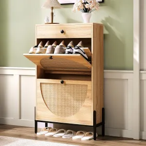 IRONCK Shoe Cabinet with 2 Flip Drawers, Shoe Storage Cabinet for Entryway, Free Standing Shoe Storage Organizer with Rattan Doors Slim Narrow Shoe Rack Cabinet, Oak