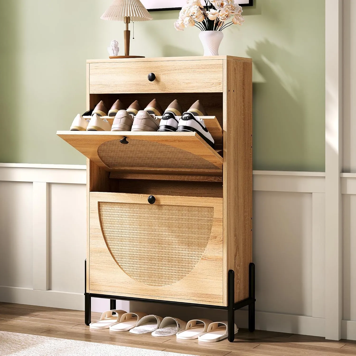 IRONCK Shoe Cabinet with 2 Flip Drawers, Shoe Storage Cabinet for Entryway, Free Standing Shoe Storage Organizer with Rattan Doors Slim Narrow Shoe Rack Cabinet, Oak