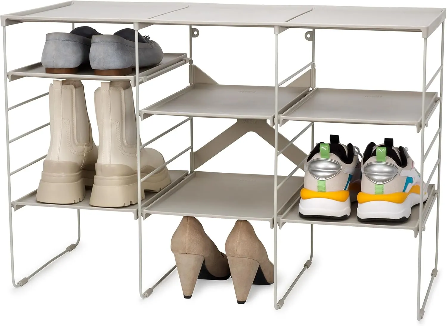 Joseph Joseph Level Adjustable Tier Free Standing Shoe Rack Organizer storage, Durable Shelves and Sturdy Steel Frame, holds 12 pairs